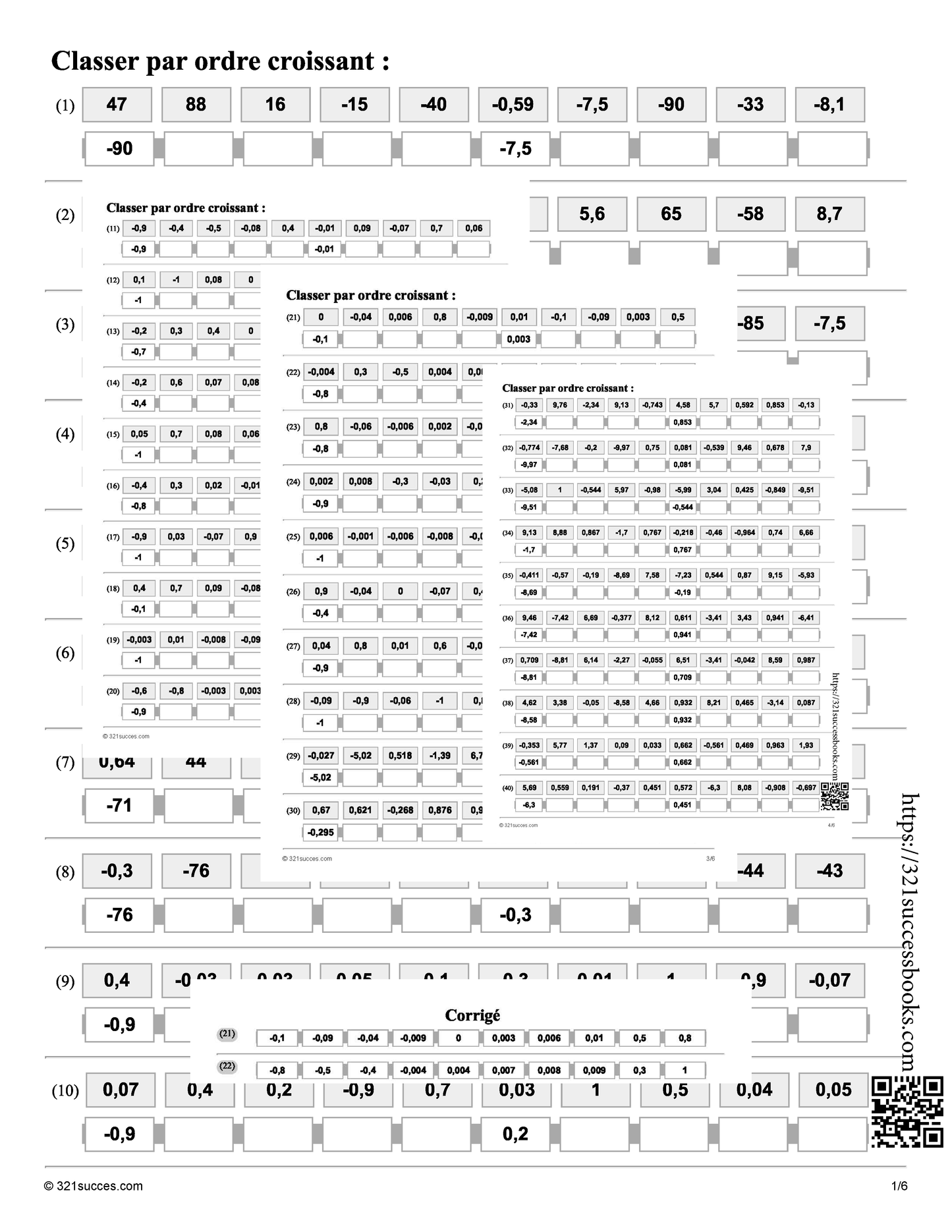 Math in French - L'ordre croissant des nombres décimaux (-100 à 100)